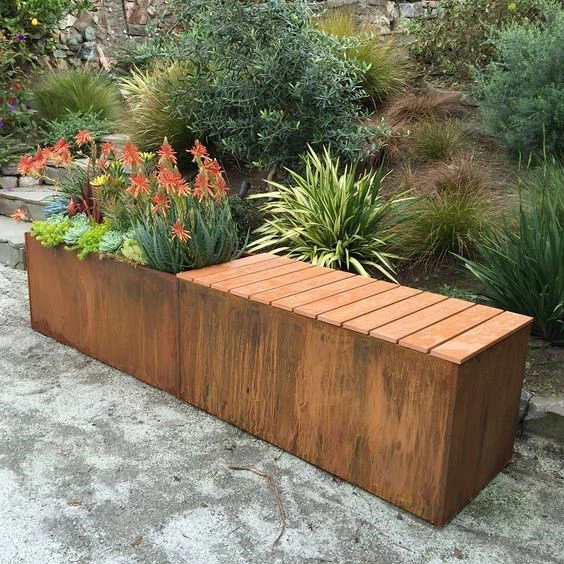 corten steel metal planter with polystyrene bench corten steel metal planter with polystyrene bench